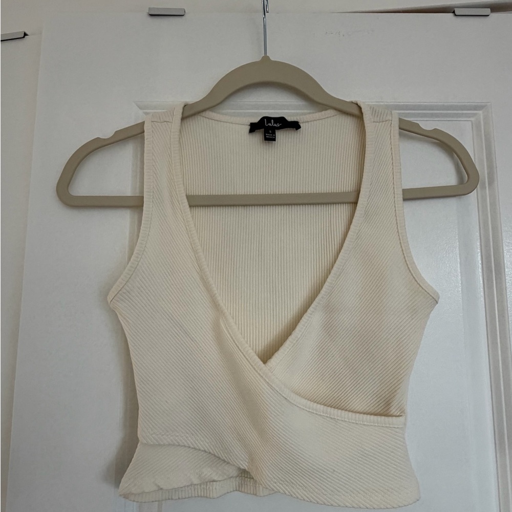 Lulus Ivory Low Cut Ribbed Sleeveless Faux Wrap Crop